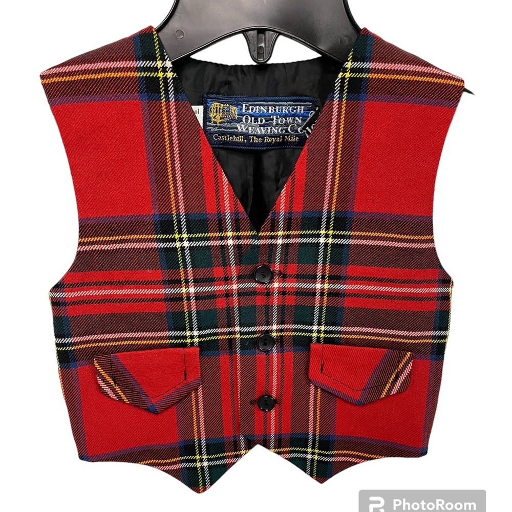 Edinburgh Pure New Wool Old Town Weaving Company Red Tartan Vest Waistcoat 4 Kid